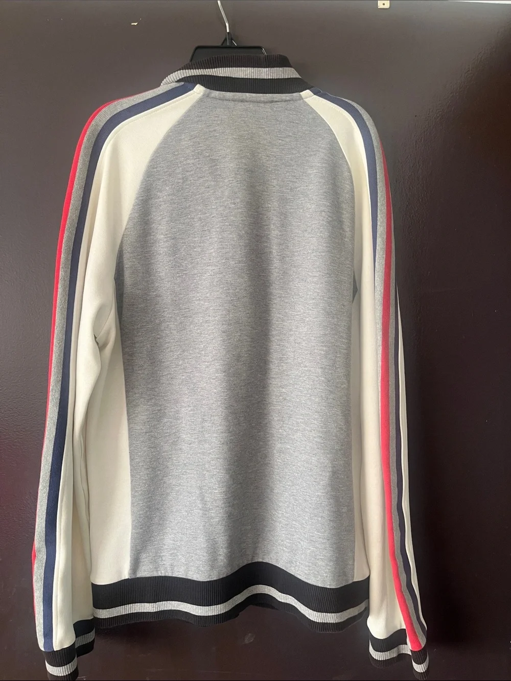 Calvin Klein Gray, White & Navy Zip-Up Sweater with Red Stripe